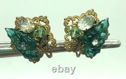 Vintage Rare Miriam Haskell Gripoix Green Glass Leaves Rhinestone Clip Earrings