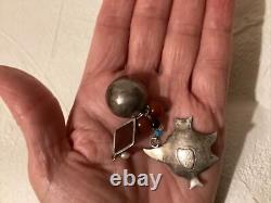 Vintage Rare Sterling Silver & Amber & Beads Fish Dangle Clip Earrings 2.75