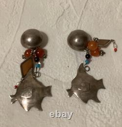 Vintage Rare Sterling Silver & Amber & Beads Fish Dangle Clip Earrings 2.75