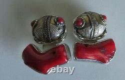 Vintage Rebecca Collins Red Coral & Sterling Silver Clip On Earrings USA