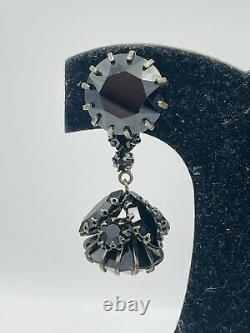 Vintage Rhodium Plated Black Crystal Glass Dangle Drop Clip Earrings