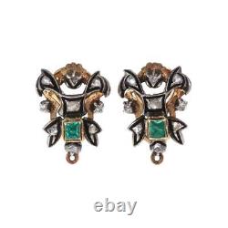 Vintage Rose Cut Diamond Emerald 18k Gold & Silver Post Clip Earrings