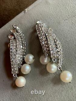 Vintage SCHREINER Ben Reig Rhinestone And Pearl Clip On Earrings Silver Tone