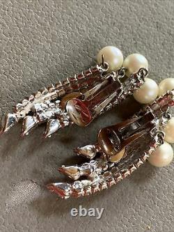 Vintage SCHREINER Ben Reig Rhinestone And Pearl Clip On Earrings Silver Tone
