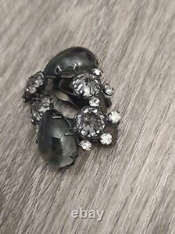 Vintage SCHREINER NY Clip On Earrings Invert Stones Smoke Crystal TOUGH