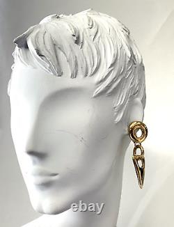 Vintage ST JOHN 1980s Gold Triangle Signed Dangle Clip On Earrings 22KGP Large