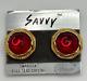 Vintage Savvy Swarovski SAL Red Crystal Cabochon Gold Tone Clip Earrings On Card