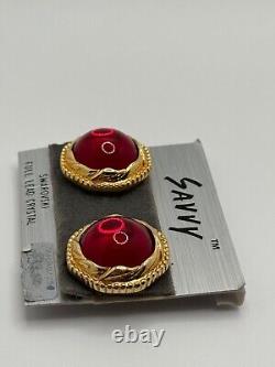 Vintage Savvy Swarovski SAL Red Crystal Cabochon Gold Tone Clip Earrings On Card
