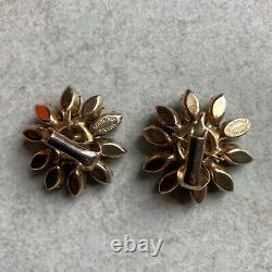 Vintage Schreiner signed Rhinestone Trembler Flower Clip On Earrings gold black