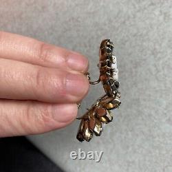 Vintage Schreiner signed Rhinestone Trembler Flower Clip On Earrings gold black