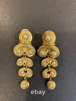 Vintage Signed Blanca Gold Tone Faux Pearl Long Dangle Clip-on Earrings