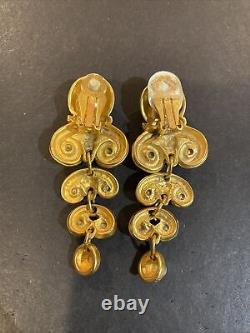 Vintage Signed Blanca Gold Tone Faux Pearl Long Dangle Clip-on Earrings