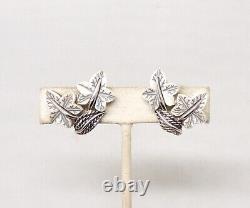 Vintage Signed Boucher Rhodium Plated White Thermoset Leaves Clip Earrings