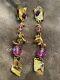 Vintage Signed CECILE JEANNE Pink & Gold Tone Dangle Clip On Earrings Pink Beads