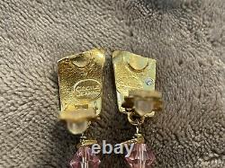 Vintage Signed CECILE JEANNE Pink & Gold Tone Dangle Clip On Earrings Pink Beads