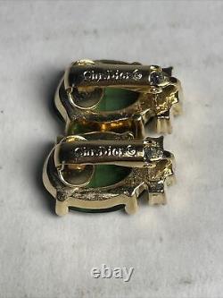 Vintage Signed CHRISTIAN DIOR Gold Tone Emerald Green Rhinestone Clip Earrings