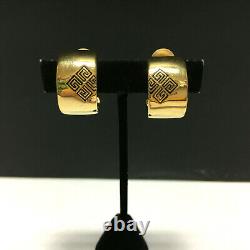Vintage Signed GIVENCHY Gold LOGO HOOP Clip EARRINGS Wide Black Enamel H353k