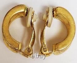 Vintage Signed GIVENCHY Matte Gold Tone LOGO Huggie Hoop Clip Earrings 3/4