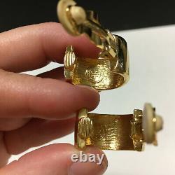 Vintage Signed GIVENCHY Wide Gold LOGO HOOP Clip EARRINGS Black Enamel WW50K