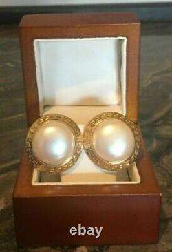 Vintage Signed Givenchy Gold Tone Faux Pearl Round Logo Clip On Earrings