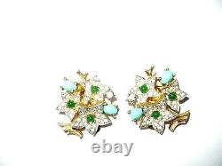 Vintage Signed Jomaz Flower Clip Earrings Turquoise Green & Clear Stones Rare