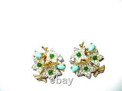 Vintage Signed Jomaz Flower Clip Earrings Turquoise Green & Clear Stones Rare