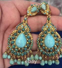 Vintage Signed Jose Maria Barrera Chandelier Faux Turquoise Clip Earrings Wow