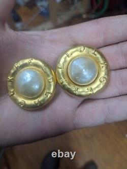 Vintage Signed KARL LAGERFELD Logo Baroque Pearl Clip EARRINGS Gold