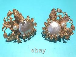 Vintage Signed Miriam Haskell Earrings Gold Ornate Baroque Pearl Clip Screw
