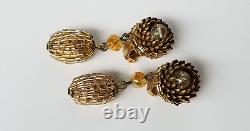 Vintage Signed Miriam Haskell Gold Tone Dangle Clip Earrings with Glass Beads