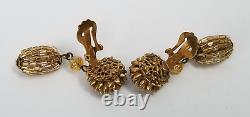 Vintage Signed Miriam Haskell Gold Tone Dangle Clip Earrings with Glass Beads