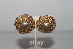 Vintage Signed Miriam Haskell Pearl Gold Tone Clip Earrings Very Unique