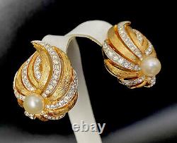 Vintage Signed PANETTA Brushed Gold Tone Rhinestone Faux Pearl Big Clip Earrings