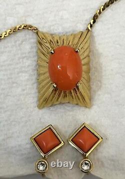 Vintage Signed Panetta SET Necklace Clip Earrings Rhinestone Orange Cabochon