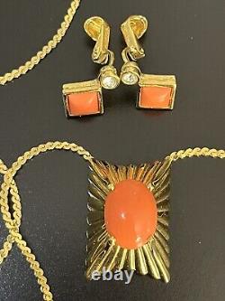 Vintage Signed Panetta SET Necklace Clip Earrings Rhinestone Orange Cabochon