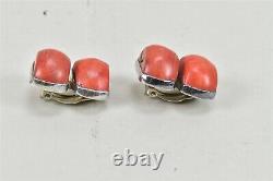 Vintage Signed Rebecca Collins Sterling Silver 925 & Red Coral Clip Earrings