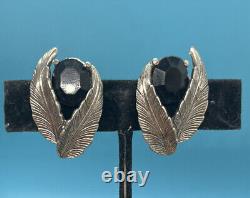 Vintage Signed SCHIAPARELLI Black Crystal Silver Tone Leaf Clip on Earrings