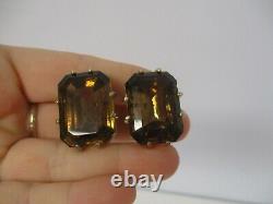 Vintage Signed Schiaparelli Dramatic Faceted Amber Crystal Clip On Earrings