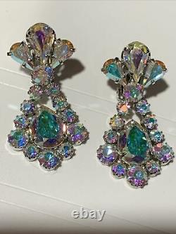 Vintage Signed Schreiner AB Pear Rhinestone Dangle Silver Tone Clip-on Earrings