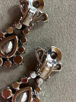 Vintage Signed Schreiner AB Pear Rhinestone Dangle Silver Tone Clip-on Earrings