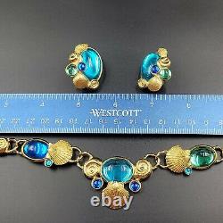 Vintage Signed Trifari Set Necklace Clip Earrings Kunio Matsumoto Blue Cabochon