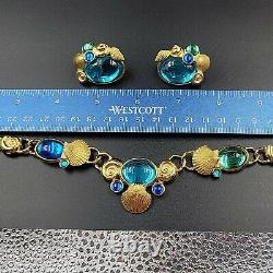 Vintage Signed Trifari Set Necklace Clip Earrings Kunio Matsumoto Blue Cabochon