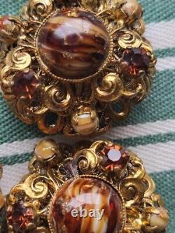 Vintage Signed West Germany Rhinestone Clip On Earrings & Brooch Amber Crystal
