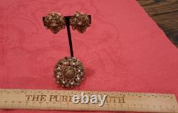 Vintage Signed West Germany Rhinestone Clip On Earrings & Brooch Amber Crystal
