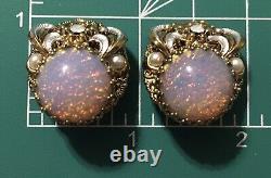 Vintage Signed West Germany Round Opal & White Enamel Clip On Earrings