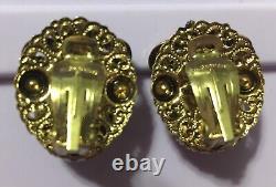 Vintage Signed West Germany Round Opal & White Enamel Clip On Earrings