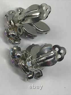Vintage Silver tone Sherman clip on earrings with pink AB rhinestones