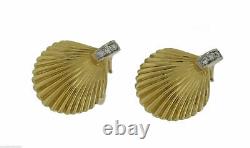 Vintage Solid 18k Gold Platinum Ribbed Diamond Scallops Shell Clip On Earrings