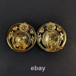 Vintage St John Gold Tone Black Enamel Center Sun Crown Shield Clip On Earrings