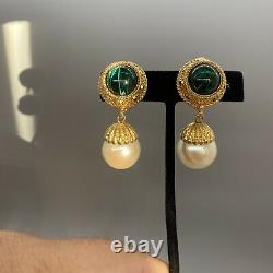 Vintage St John Green Gripoix & Rhinestone Dangling Faux Pearl Clip Earrings